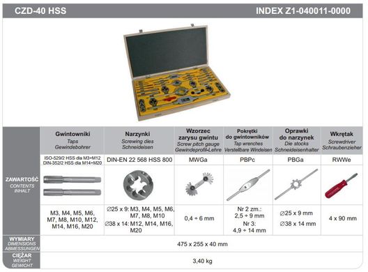 Мітчики + плашки FANAR M3-M20 CZB-40 HSS набір 40 елементів
